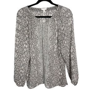 Garnet Hill Small Gray Bohemian Bishop Sleeve Blouse Crinkled Silk Chiffon VNeck